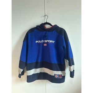 Polo Sport Ralph Lauren‎ Hoodie Women's Medium Blue Fleece Pullover Striped USA